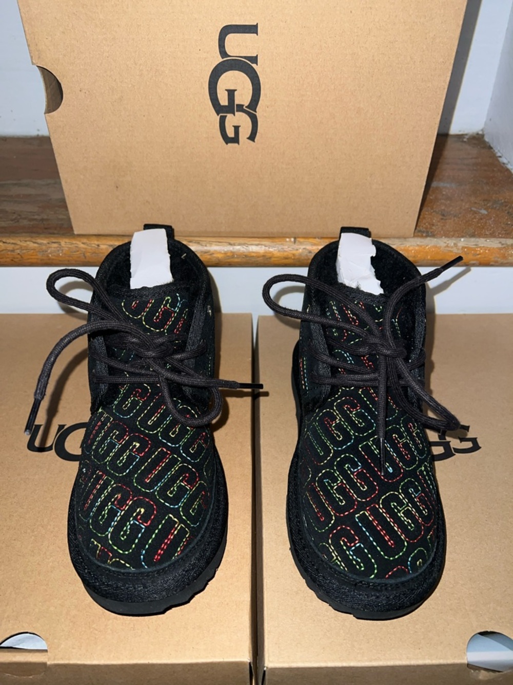 UGG Kids Black Boots with Multicolor Logo Stitching
